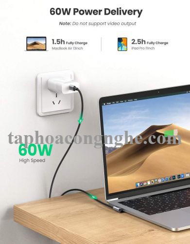 Ugreen 80714 3M bẻ góc C 90 độ màu xám cáp 2 đầu type c 2.0 sạc và truyền dữ liệu từ máy tính ra điện thoại US255 30080714